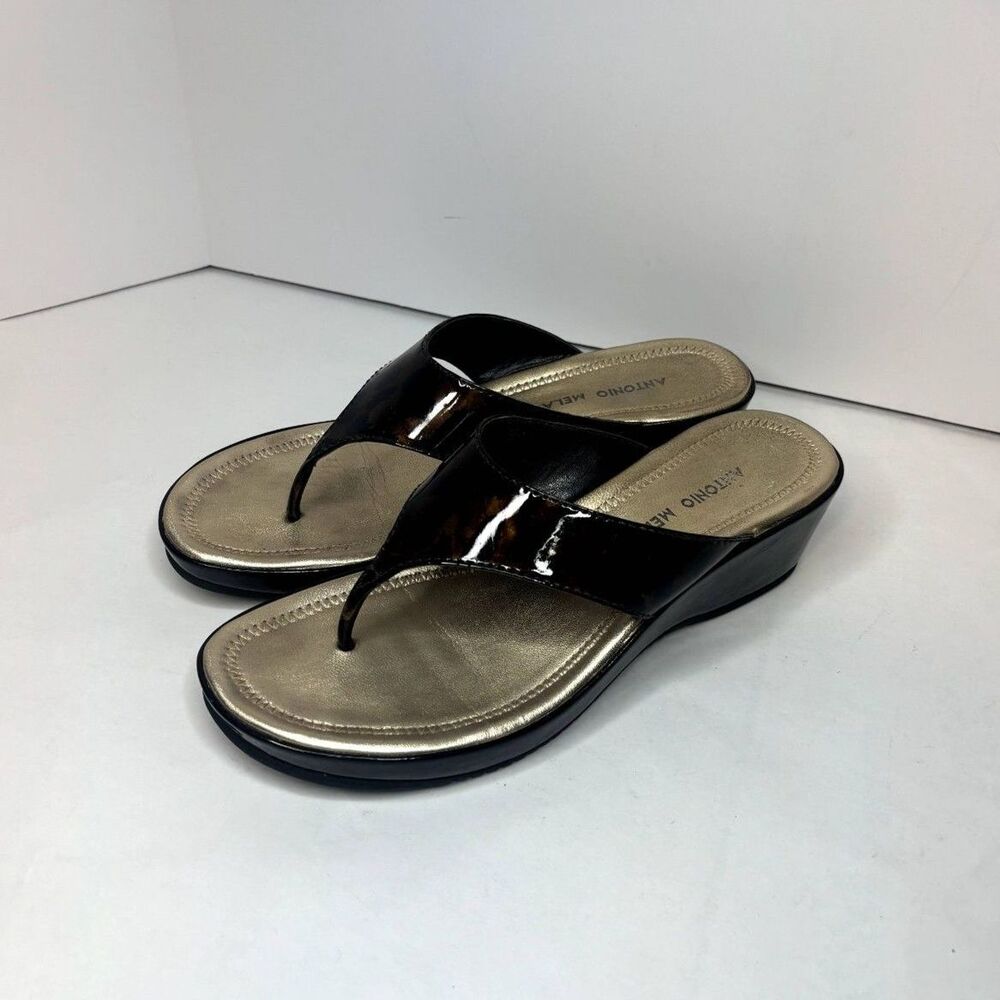 Antonio Melani Tiger Print Patent Leather Wedge Sandals Thong Flip Flops  Womens
